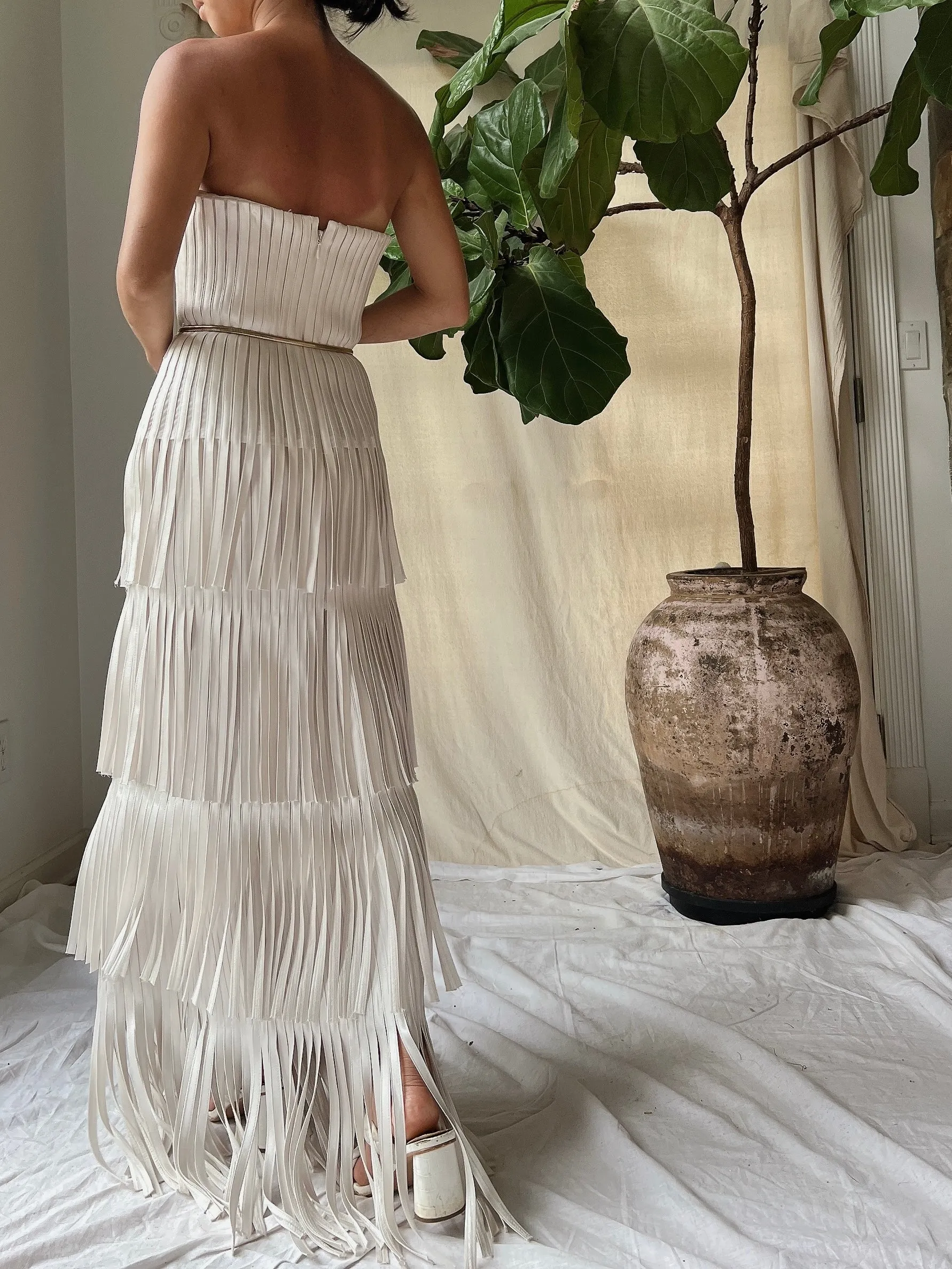 Y2K Oyster Satin Fringe Gown - S/4