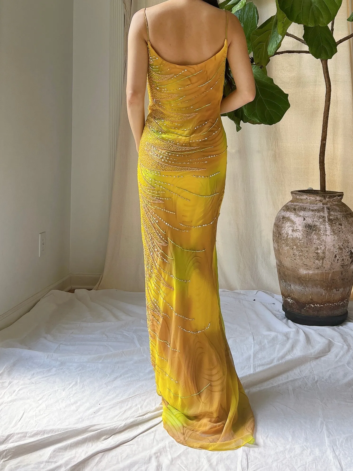 Y2K Silk Chiffon Beaded Gown - L