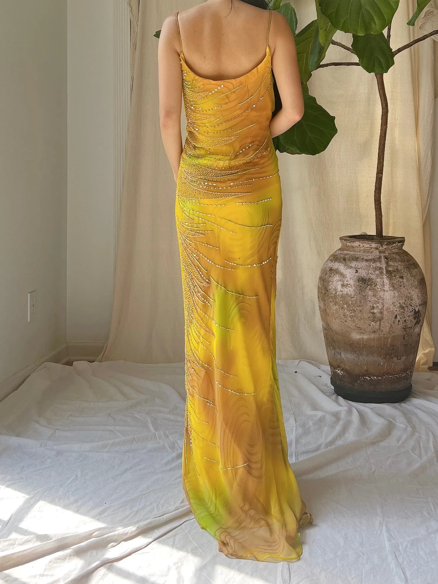Y2K Silk Chiffon Beaded Gown - L