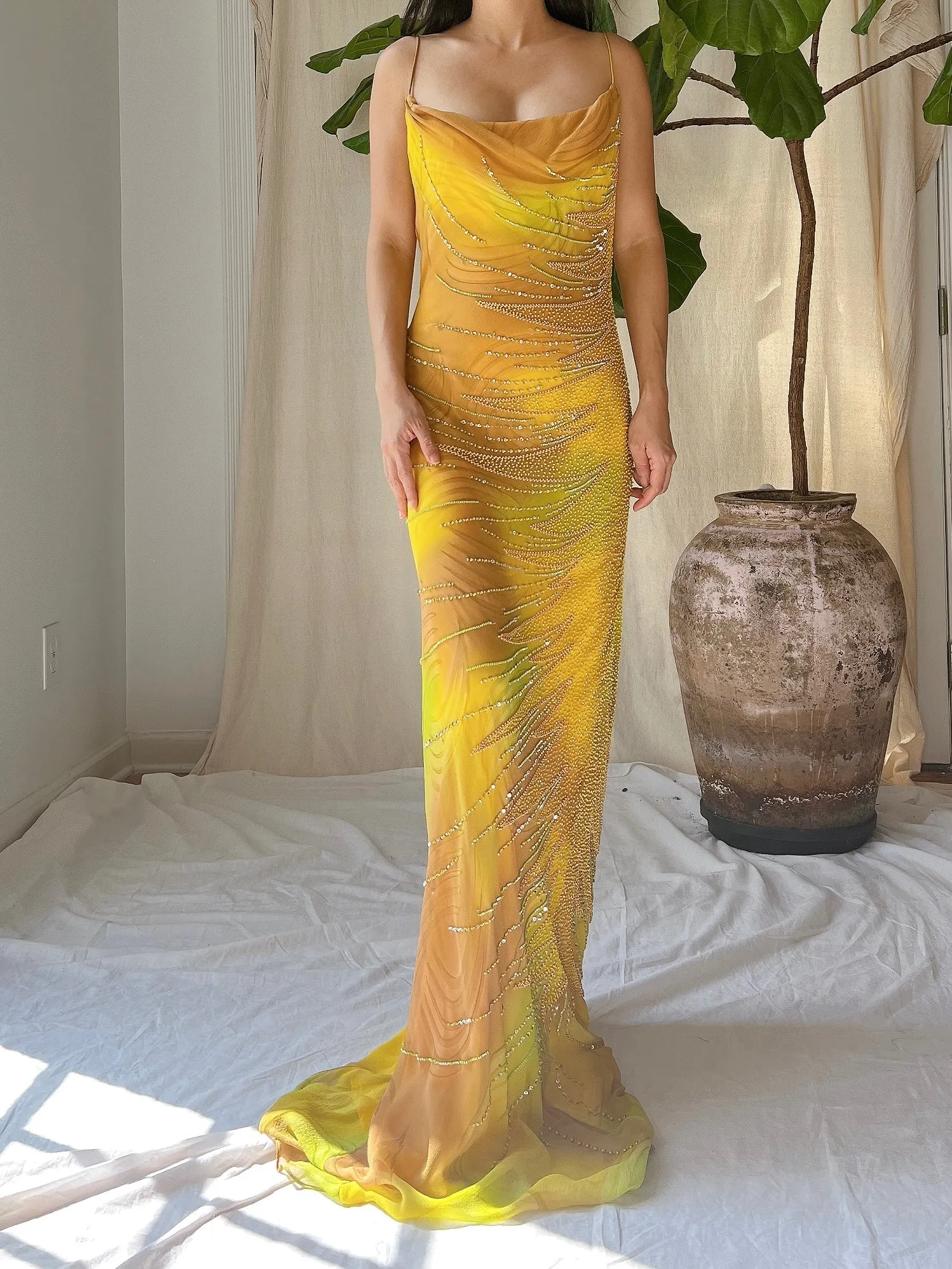 Y2K Silk Chiffon Beaded Gown - L
