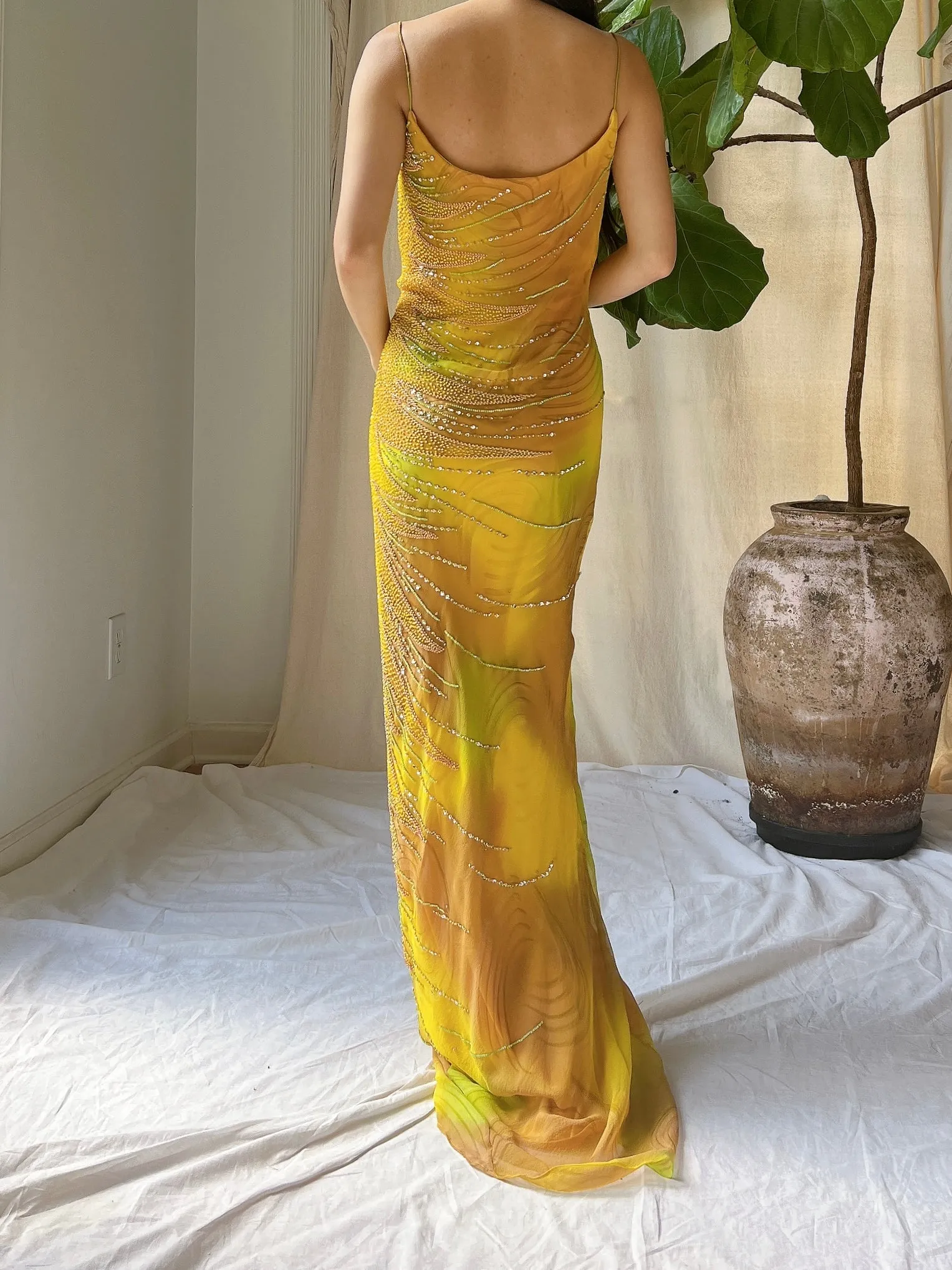 Y2K Silk Chiffon Beaded Gown - L
