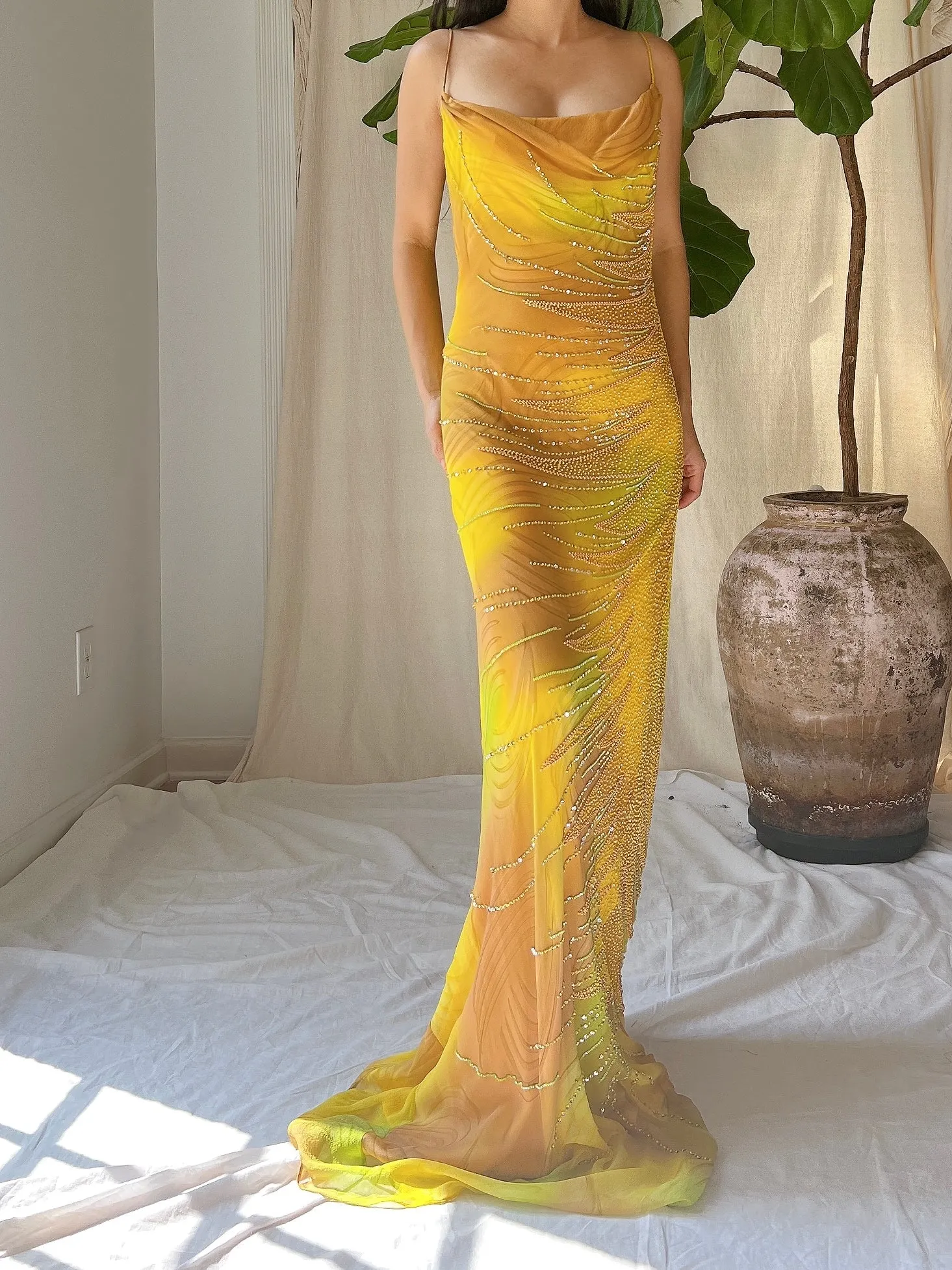 Y2K Silk Chiffon Beaded Gown - L